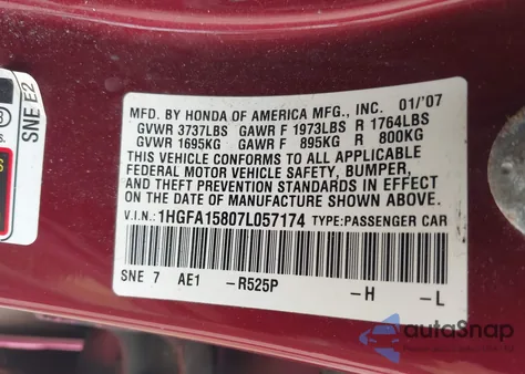 2007 Honda Civic Ex from USA, damaged, VIN 1HGFA15807L057174